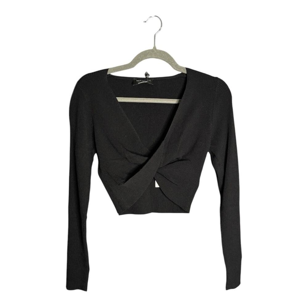 MinkPink Black Ribbed Long Sleeve Twist Front Cropped Top Large